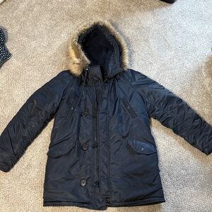 J. Crew Dark Blue Thick Inner Quilted Coat with removable Faux Fur Hood
